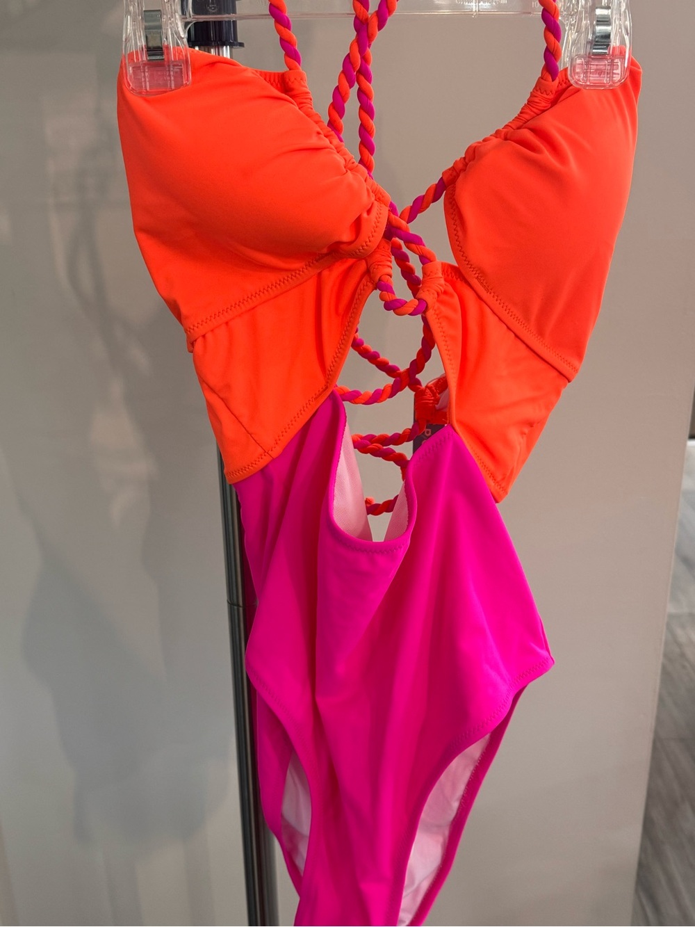 Povil Womens Bright Orange and Hot Pink One-Piece Swimsuit with Braided Back